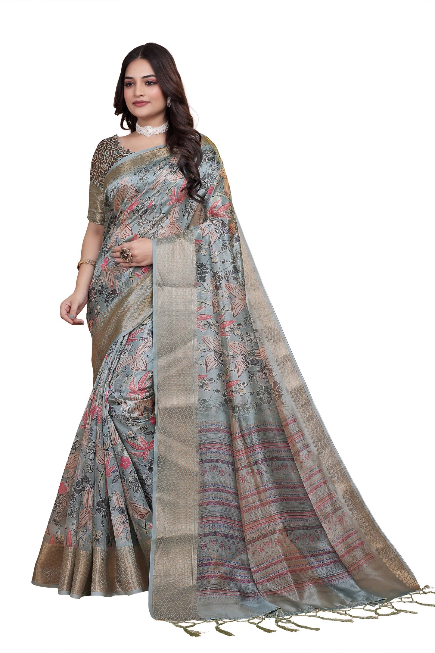 soft blue-green floral printed silk saree with zari border (gg-516 )