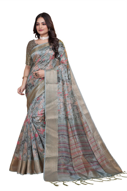 Soft Blue-Green Floral Printed Silk Saree with Zari Border (GG-516 )
