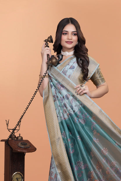 Pastel Blue & Teal Soft Silk Saree with Floral Weaving (GG-517)