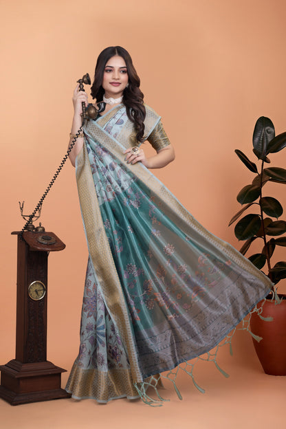 Pastel Blue & Teal Soft Silk Saree with Floral Weaving (GG-517)