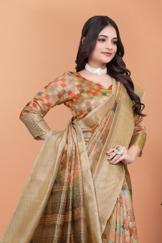 Golden Beige Soft Silk Saree with Autumn Leaf Print & Traditional Pallu (GG-518 )