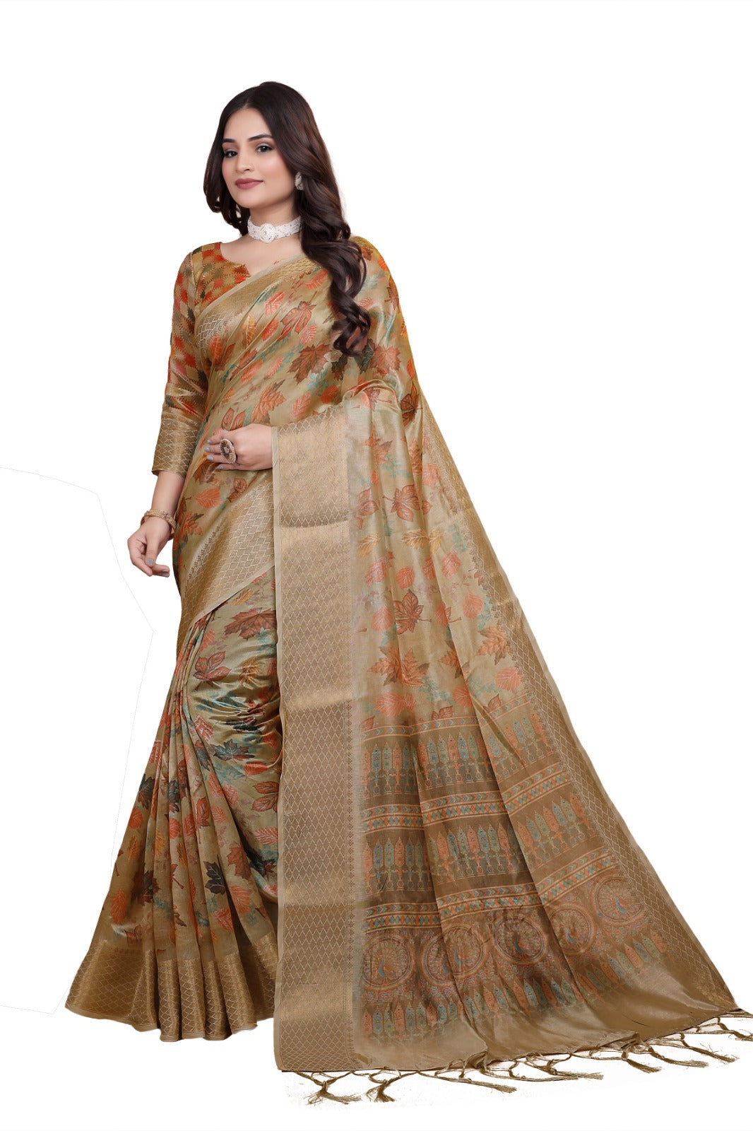 golden beige soft silk saree with autumn leaf print & traditional pallu (gg-518 )