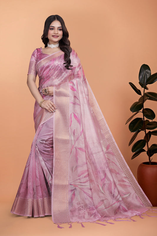 Soft Pink Silk Saree with Elegant Leaf Pattern ( GG-519 )