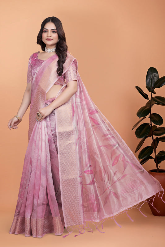 Soft Pink Silk Saree with Elegant Leaf Pattern ( GG-519 )