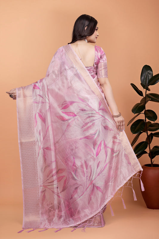 Soft Pink Silk Saree with Elegant Leaf Pattern ( GG-519 )