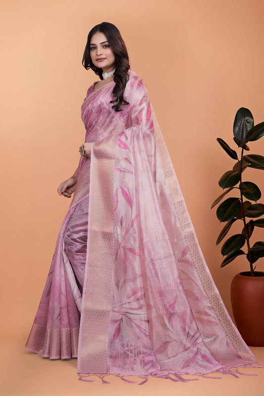 Soft Pink Silk Saree with Elegant Leaf Pattern ( GG-519 )