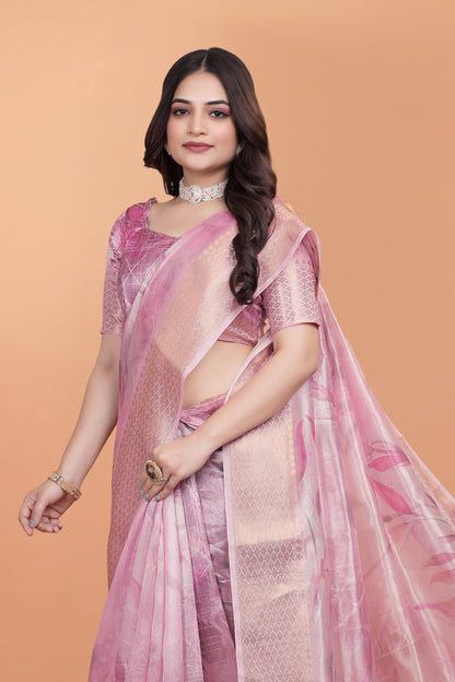 Soft Pink Silk Saree with Elegant Leaf Pattern ( GG-519 )