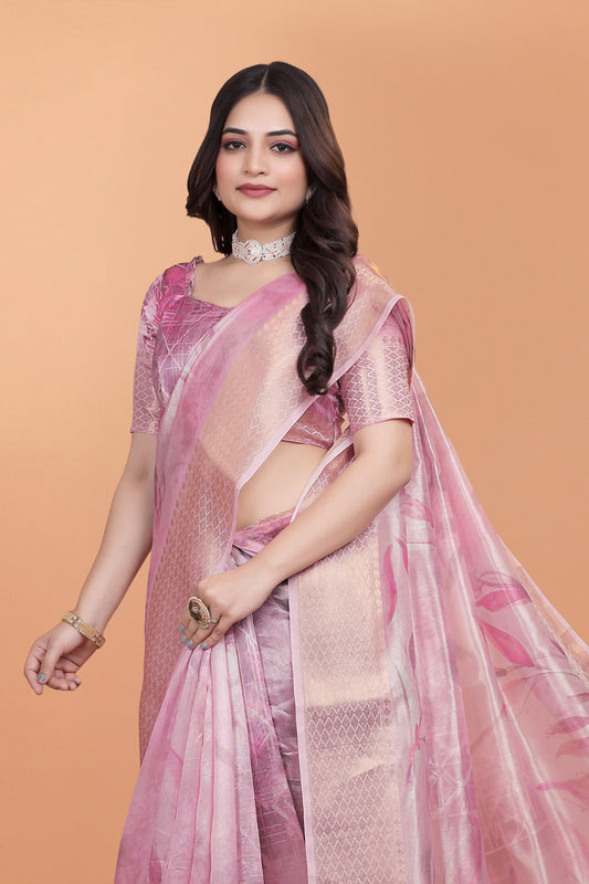 Soft Pink Silk Saree with Elegant Leaf Pattern ( GG-519 )
