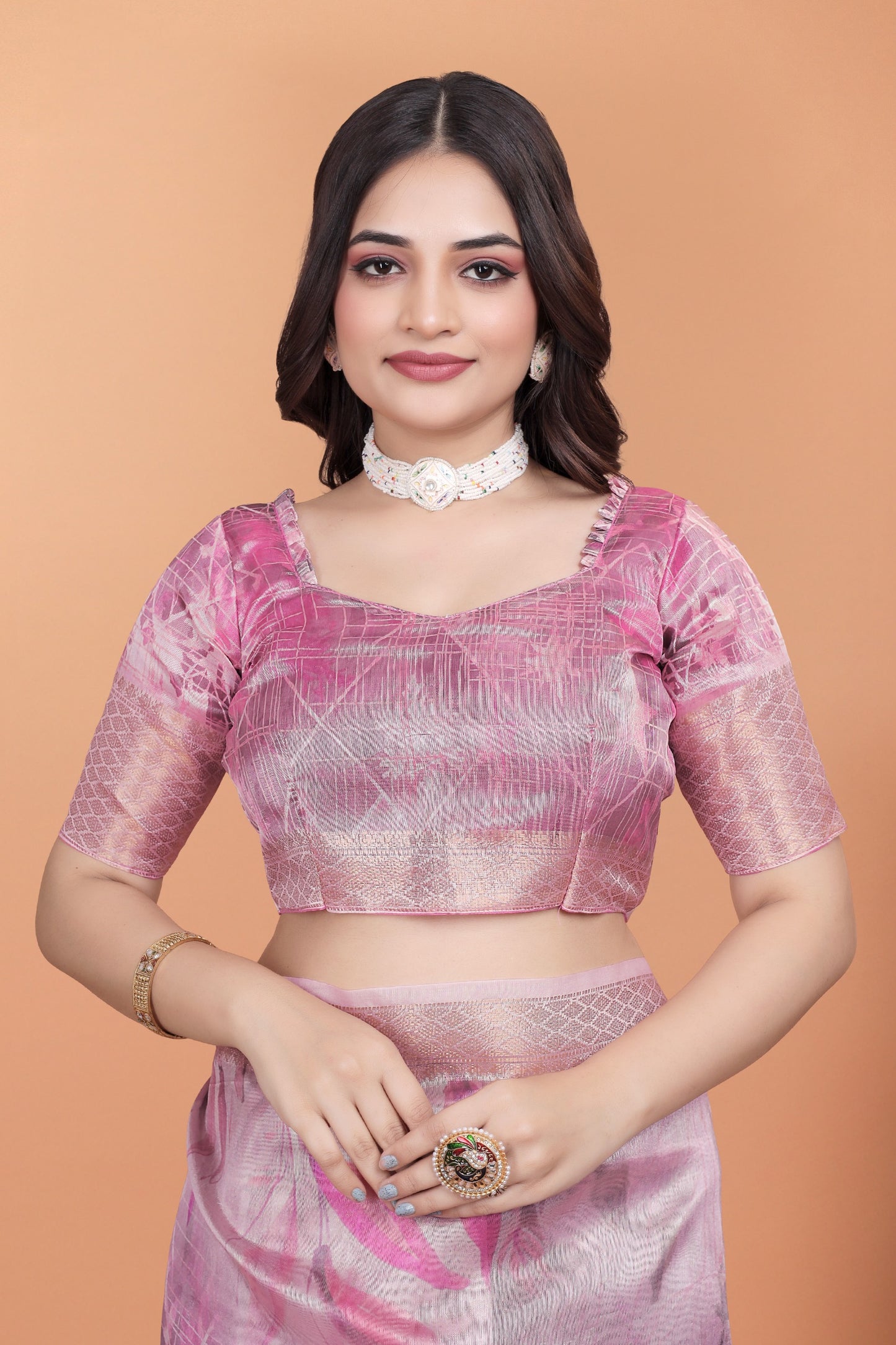 soft pink silk saree with elegant leaf pattern ( gg-519 )