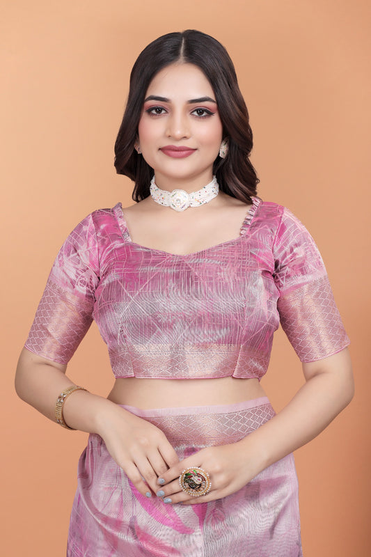 Soft Pink Silk Saree with Elegant Leaf Pattern ( GG-519 )