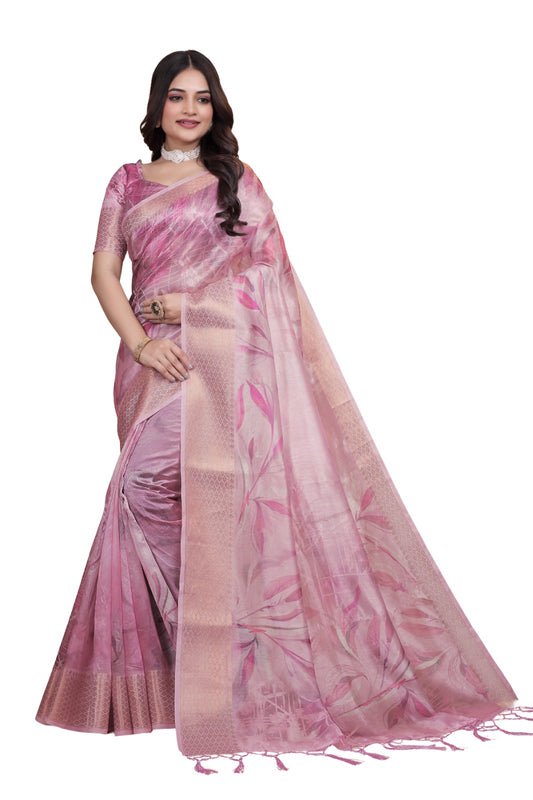 Soft Pink Silk Saree with Elegant Leaf Pattern ( GG-519 )