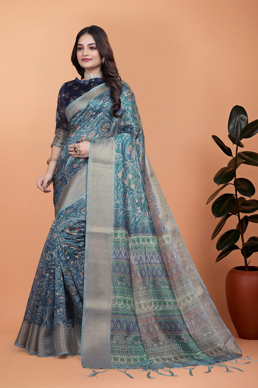 Peacock Blue Soft Silk Saree with Floral Zari Weave & Multi-Color Pallu ( GG-520 )
