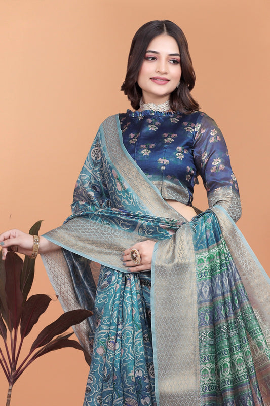Peacock Blue Soft Silk Saree with Floral Zari Weave & Multi-Color Pallu ( GG-520 )
