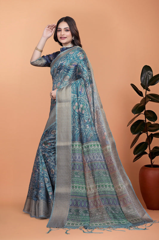 Peacock Blue Soft Silk Saree with Floral Zari Weave & Multi-Color Pallu ( GG-520 )