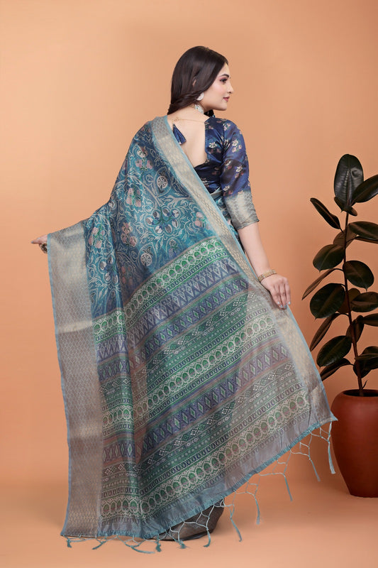 Peacock Blue Soft Silk Saree with Floral Zari Weave & Multi-Color Pallu ( GG-520 )