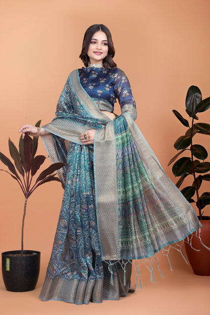 Peacock Blue Soft Silk Saree with Floral Zari Weave & Multi-Color Pallu ( GG-520 )