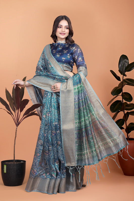 Peacock Blue Soft Silk Saree with Floral Zari Weave & Multi-Color Pallu ( GG-520 )