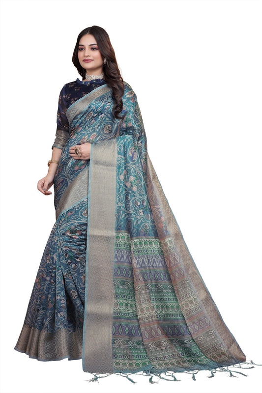 Peacock Blue Soft Silk Saree with Floral Zari Weave & Multi-Color Pallu ( GG-520 )