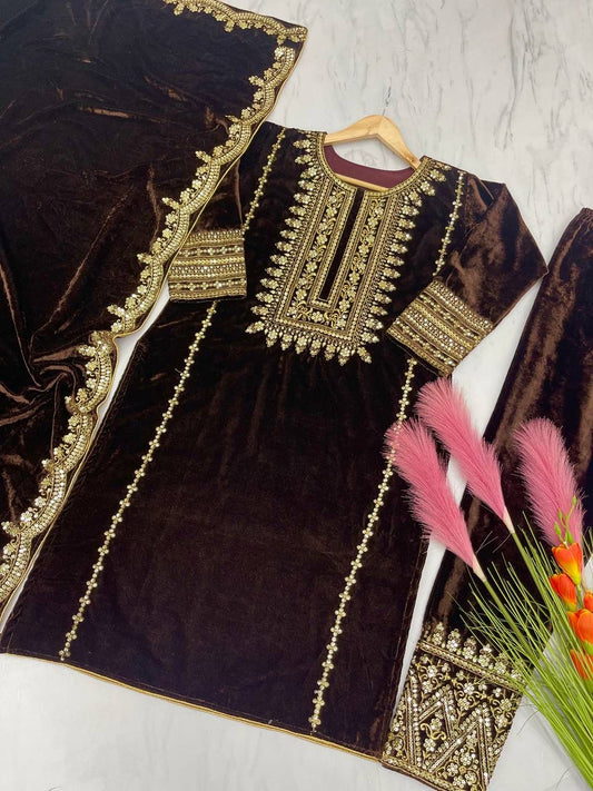 🦋 Đěsigner Party Wear Look Heavy Pure Viscose Velvet Top Bottom & Dupatta Set