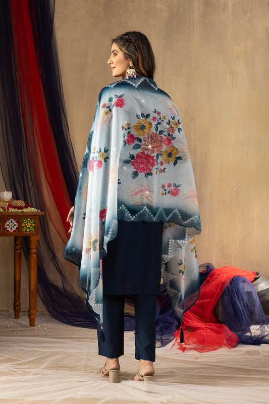 Stylish Navy Blue Kurti with Sky-Toned Floral Dupatta – Perfect for Celebrations