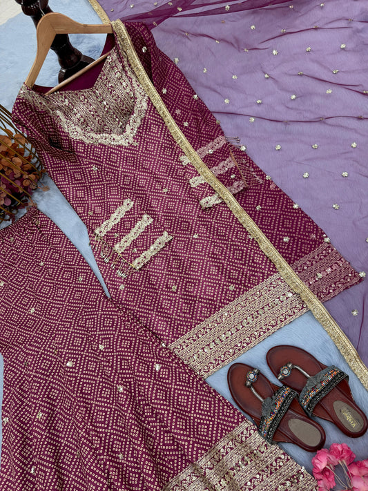 🦋 Đěsigner Party Wear & Festival Look Pur Printed Chinon Silk Top-Blouse & Palazzo With Dupatta set