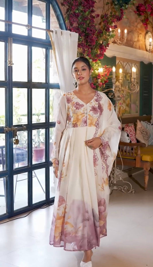 Elegant Floral Printed Anarkali Kurti – White & Lavender Ombre Design