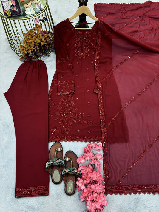 💃 Đěsigner Party Wear Look Pur Heavy Faux Georgette Top Plazzo & Dupatta Set