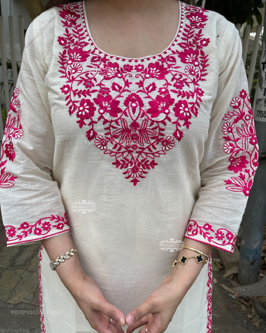 Ivory Elegance: Cream Kurta Set with Vibrant Pink Embroidery & Dupatta