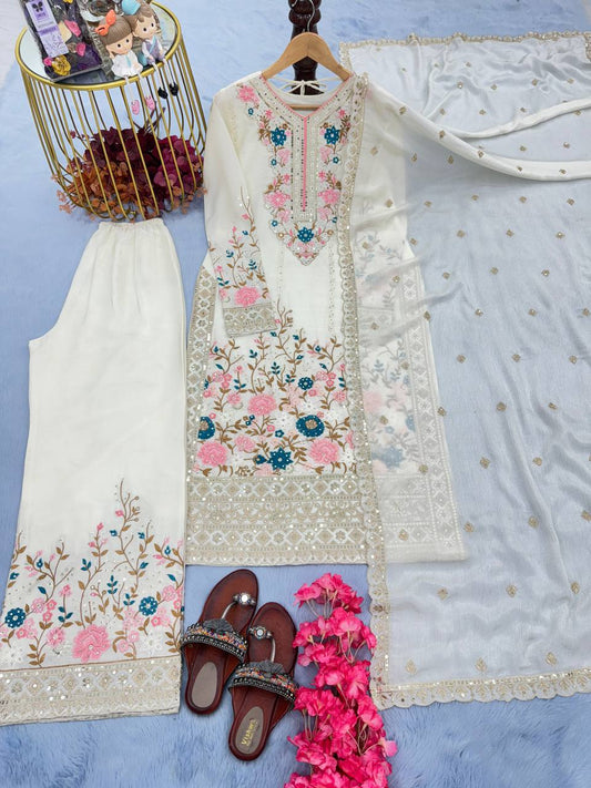 🦋 Đěsigner Party Wear Look Pur Chinon Silk Top Plazzo & Dupatta Set👗