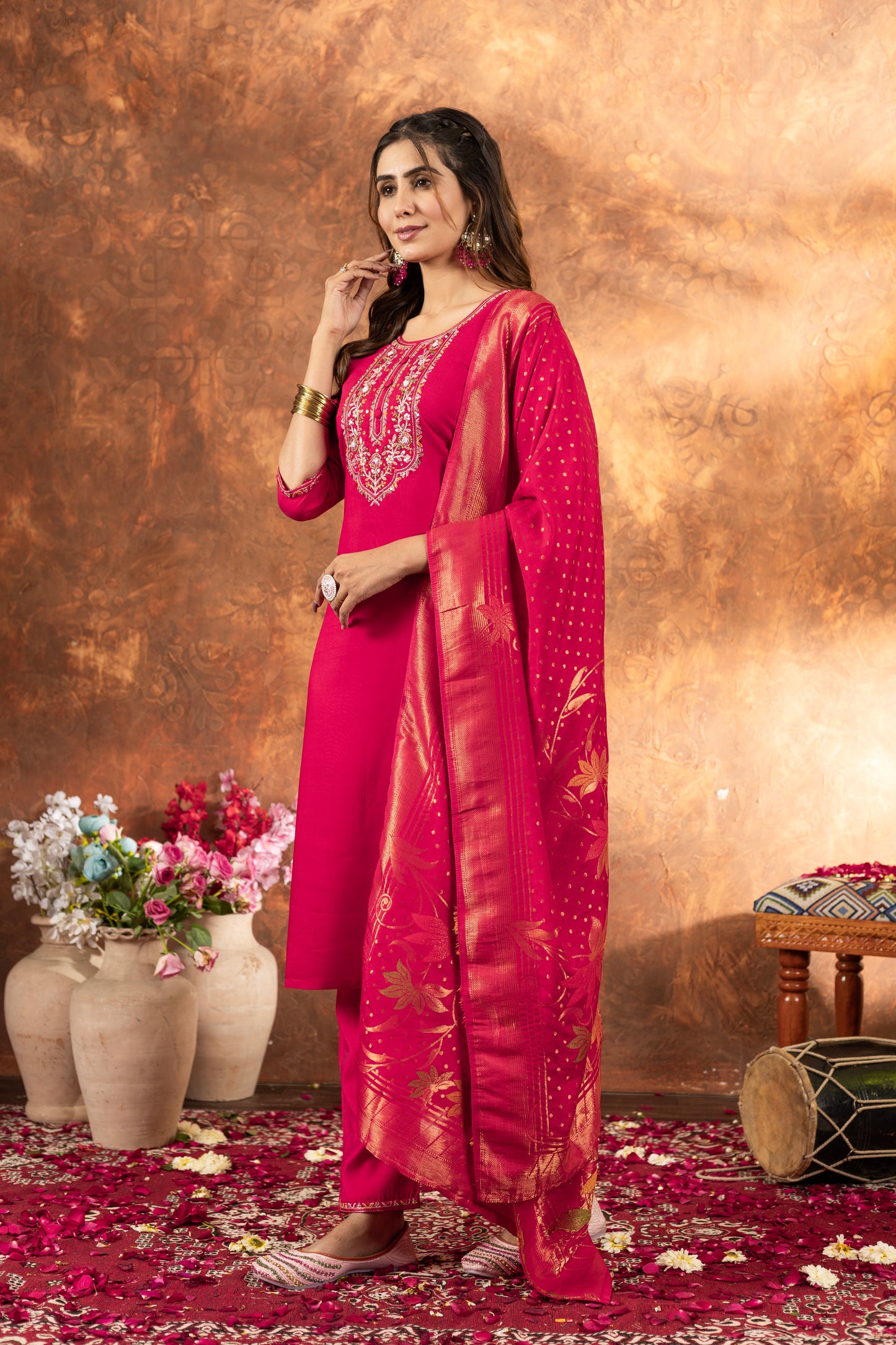 elegant festive kurti set with embroidered neckline & silk dupatta