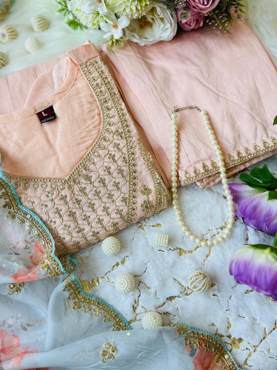 luxury pastel pink kurti set with organza floral dupatta