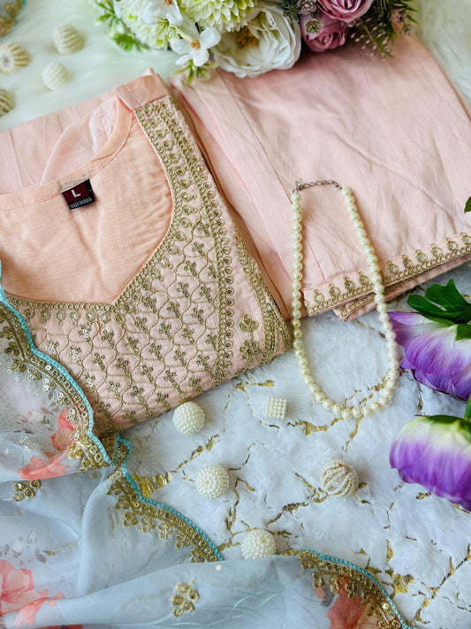 Luxury Pastel Pink Kurti Set with Organza Floral Dupatta