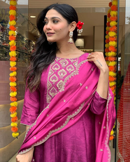 Royal Magenta Silk Anarkali Set with Embroidered Dupatta