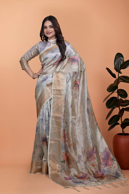 Elegant Beige Soft Silk Saree with Multicolor Floral Print & Golden Zari Border ( GG-505 )