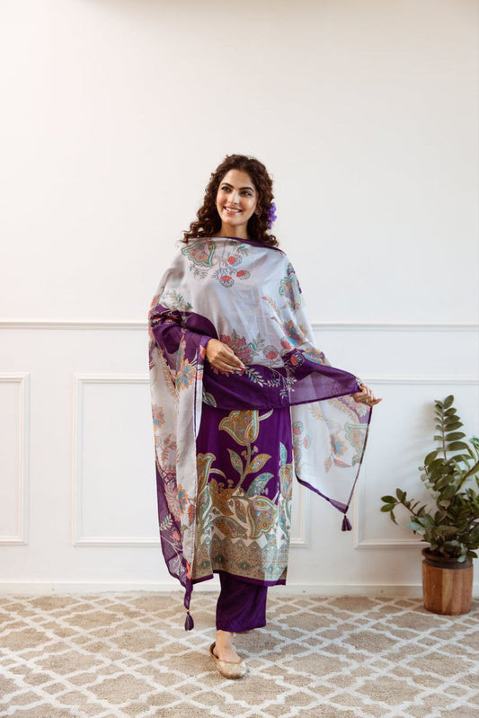 Stylish Purple Kurti with Printed Dupatta – Festive Collection