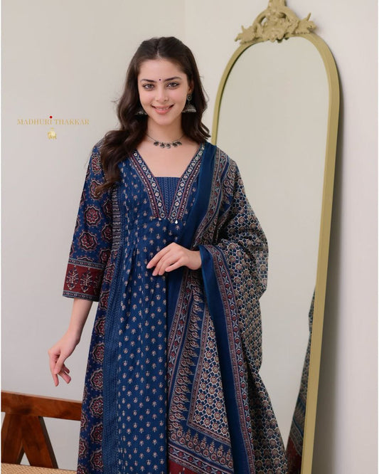 MAL Cotton Kurti Plazo With Handwork Nack Dupatta Set