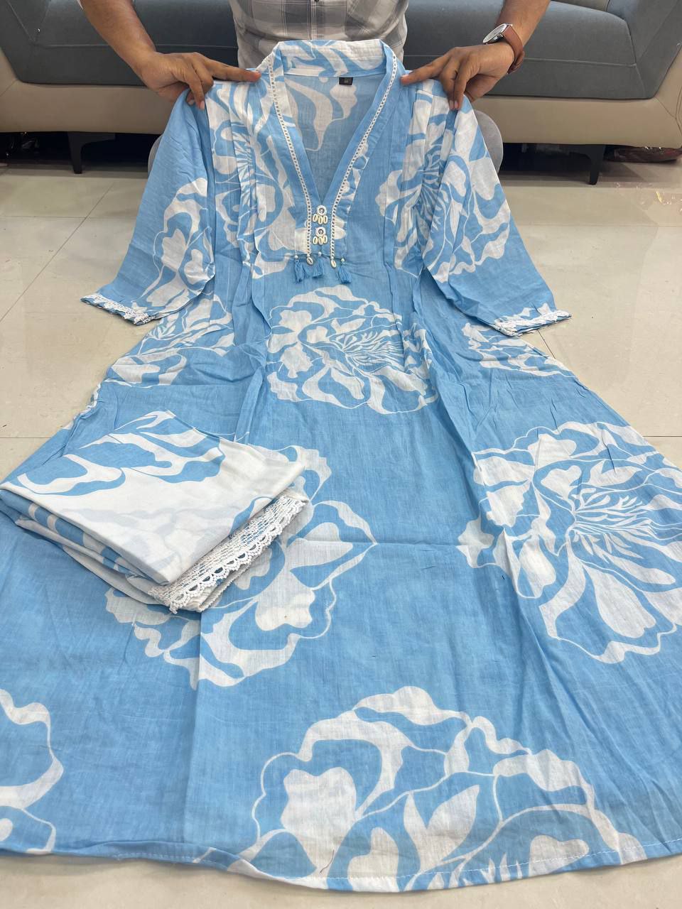 elegant sky blue floral kurti set – summer collection