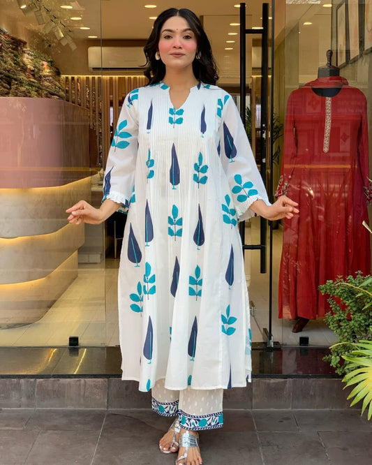 Elegant White & Blue Printed Kurti Set – Modern Ethnic Look