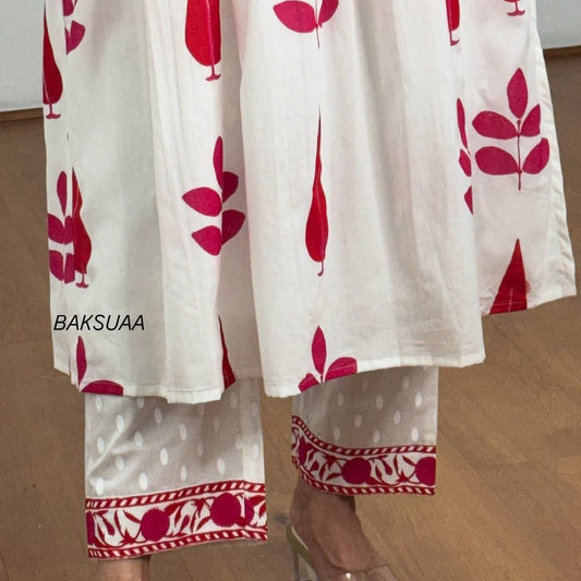 Elegant White & Red Printed Kurti Set – Modern Ethnic Style