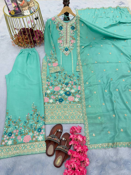 🦋 Đěsigner Party Wear Look Pur Chinon Silk Top Plazzo & Dupatta Set👗