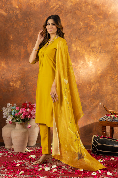 Elegant Mustard Yellow Kurti Set with Floral Dupatta – Perfect for Every Occasion