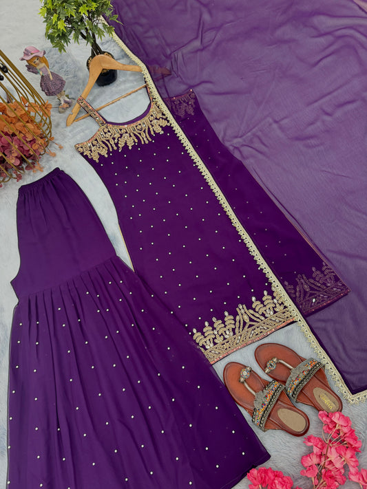 🦋 Đěsigner Party Wear Look Pur Heavy Faux Georgette Top Plazzo & Dupatta Set👗
