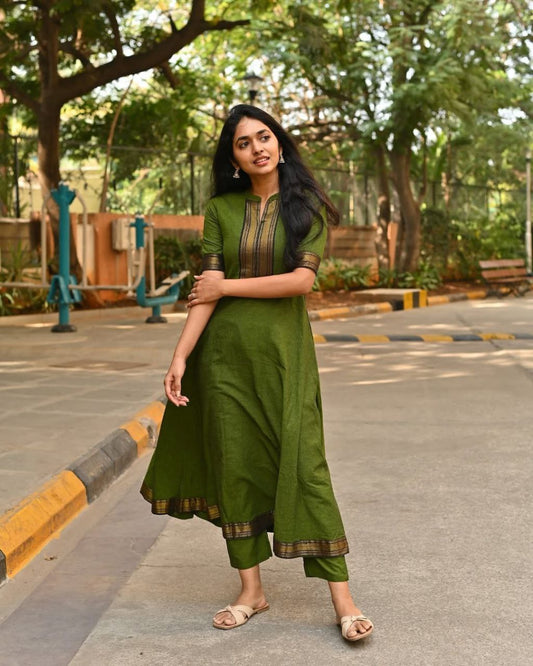Classic Green Kurta Set – Traditional Touch with Golden Border
