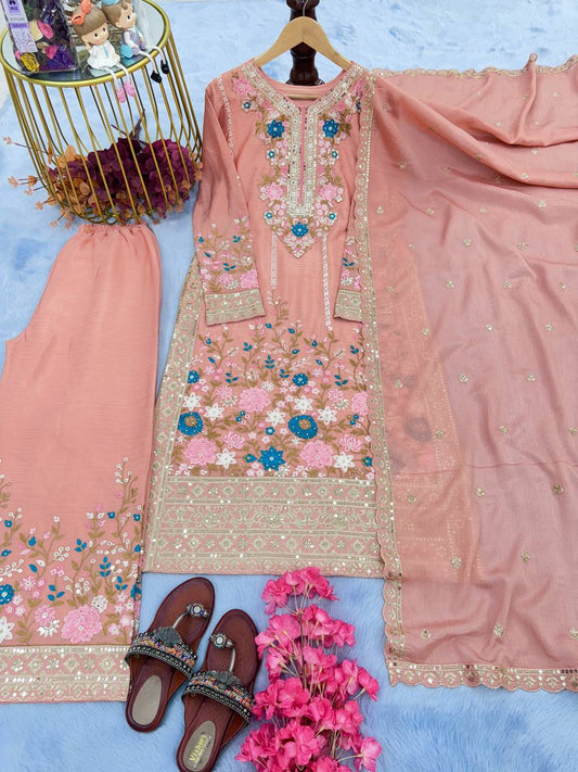 🦋 Đěsigner Party Wear Look Pur Chinon Silk Top Plazzo & Dupatta Set👗
