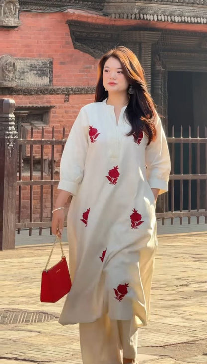 Stylish White Kurti with Red Floral Work