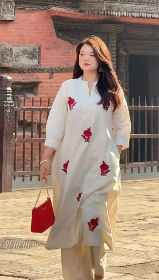 Stylish White Kurti with Red Floral Work