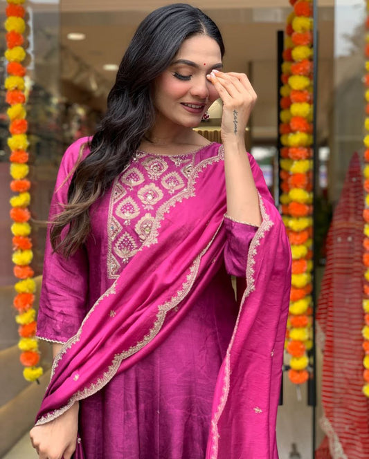 Royal Magenta Silk Anarkali Set with Embroidered Dupatta