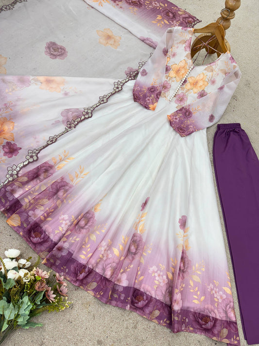 Elegant Floral Printed Anarkali Kurti – White & Lavender Ombre Design