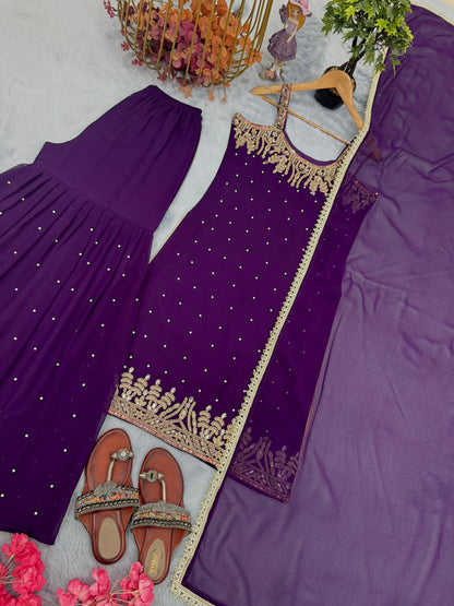 🦋 Đěsigner Party Wear Look Pur Heavy Faux Georgette Top Plazzo & Dupatta Set👗