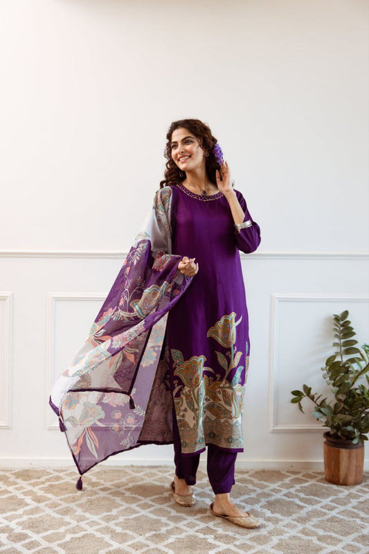 Stylish Purple Kurti with Printed Dupatta – Festive Collection